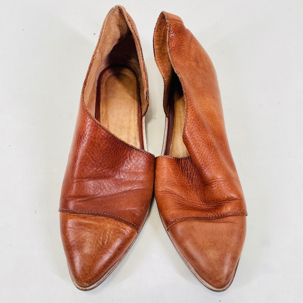 Handcrafted Cognac Brown Leather d'Orsay Pointed Toe Flats Size 38 Made in Spain - Picture 2 of 8